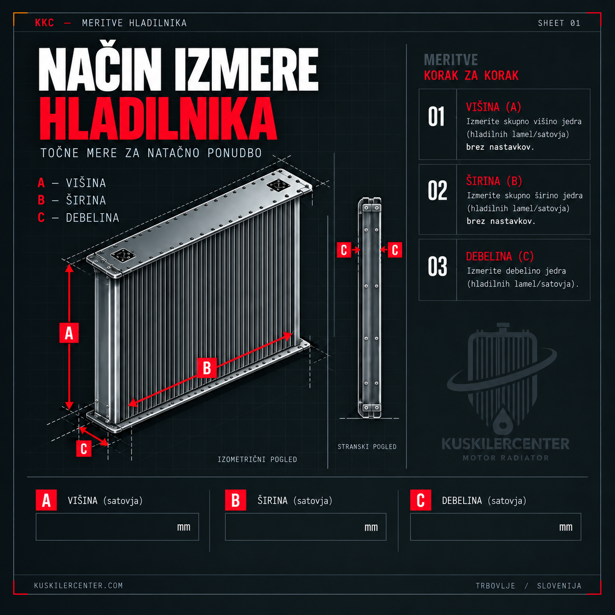 Način izmere hladilnika — višina, širina, debelina jedra